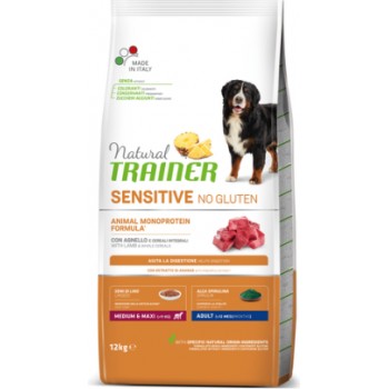 NATURAL TRAINER DOG SENSITIVE NO GLUTEN ADULT MEDIUM/MAXI LAMB 10+2 KG - pilnvērtīga bezglutēna barība pieaugušiem vidējo / lielo šķirņu suņiem, ar jēra gaļu