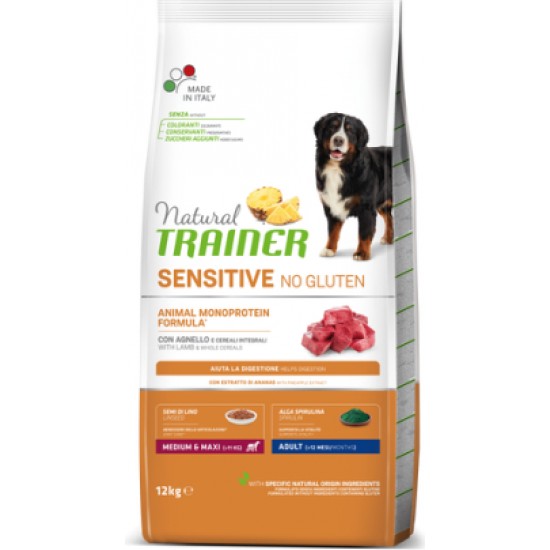 NATURAL TRAINER DOG SENSITIVE NO GLUTEN ADULT MEDIUM/MAXI LAMB 10+2 KG - pilnvērtīga bezglutēna barība pieaugušiem vidējo / lielo šķirņu suņiem, ar jēra gaļu