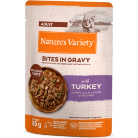 NATURE`S VARIETY Cat Bites in Gravy with Turkey 0.085 kg - pilnvērtīga barība pieaugušiem kaķiem, konservi, tvaicēti tītara gaļās gabaliņi maigā mercē.