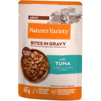 NATURE`S VARIETY Cat Bites in Gravy with Tuna 0.085 kg - pilnvētīga barība, konservi pieaugušiem kaķiem. Tvaicēti tunča gabaliņi maigā mercē.