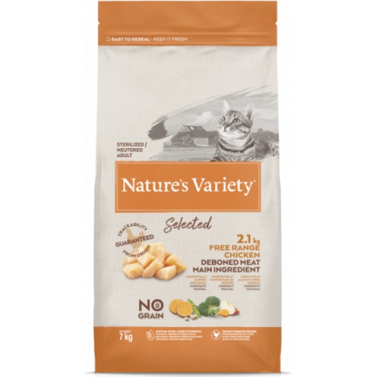 Nature's Variety Cat Selected Sterilized Free Range Chicken 7Kg - sausā barība ar brīvi turētu vistu pieaugušiem sterilizētiem kaķiem