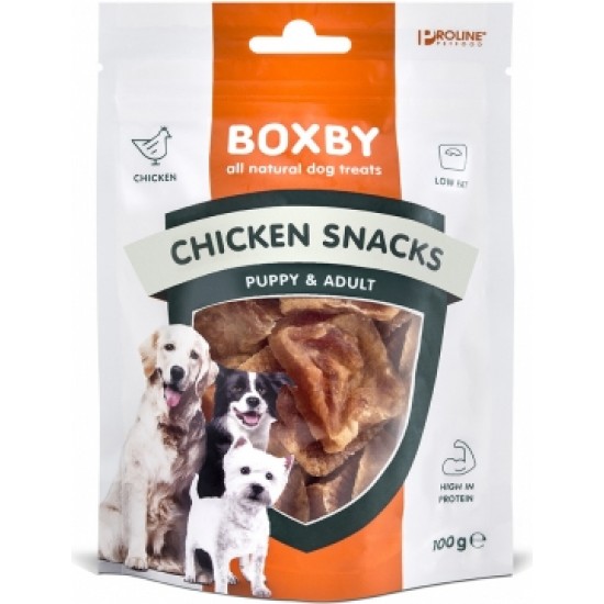 BOXBY CHICKEN SNACKS 100g - UZKODAS KUCĒNIEM UN PIEAUGUŠIEM SUŅIEM (100% VISTA)