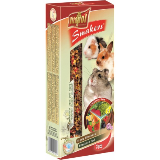 STANDARD Smakers 3in1 for rodents and rabbit 3pcs 135g - Vitapol nūjiņas 3x1 ar augļiem,dārzeņiem un ceratoniju augļiem