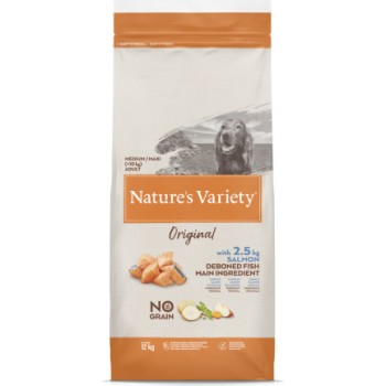 Nature's Variety Dog Original No Grain Medium Adult Salmon 12 Kg - bezgraudu sausā barība ar lasi pieaugušiem suņiem