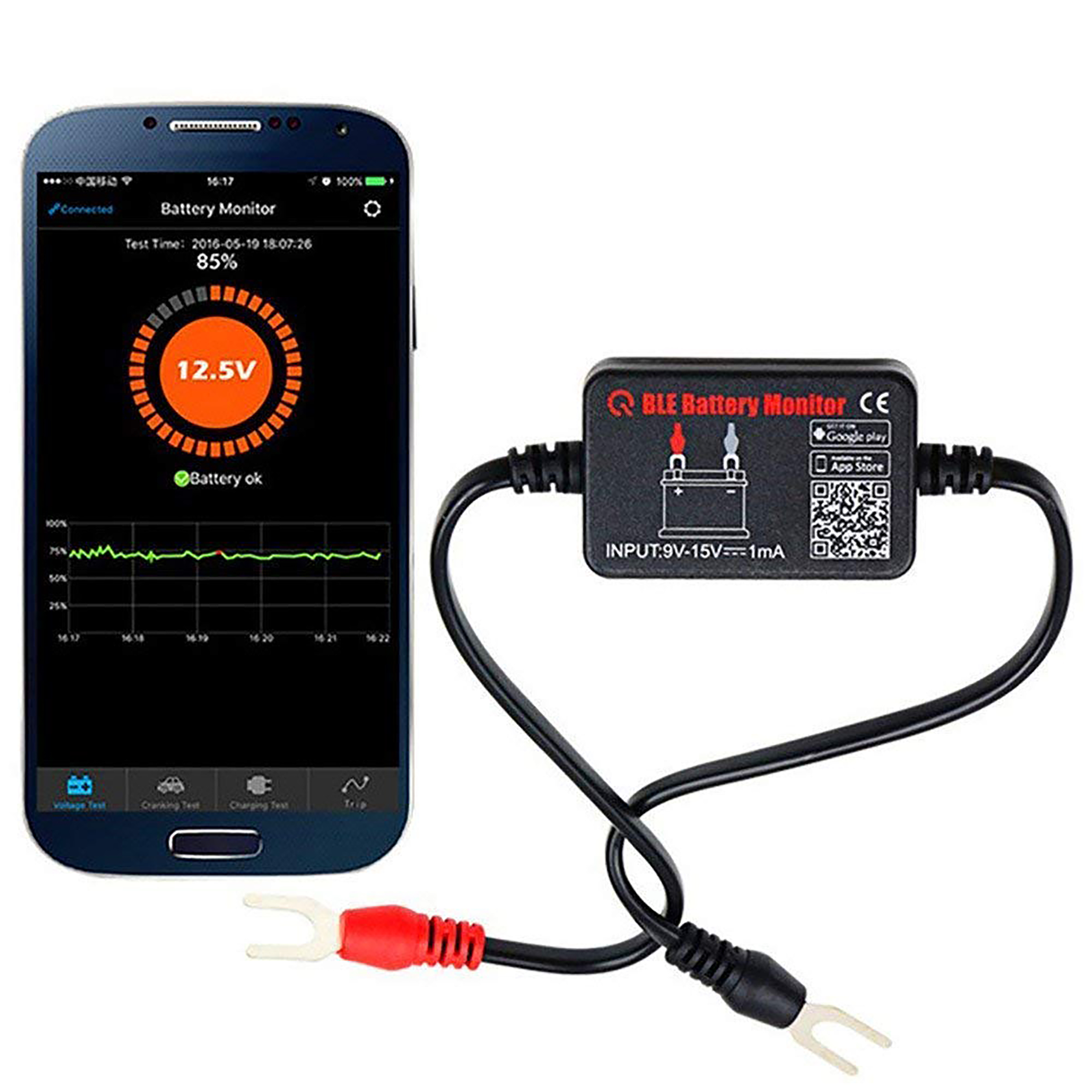 12V automašīnas akumulatora monitors ar mobilo
